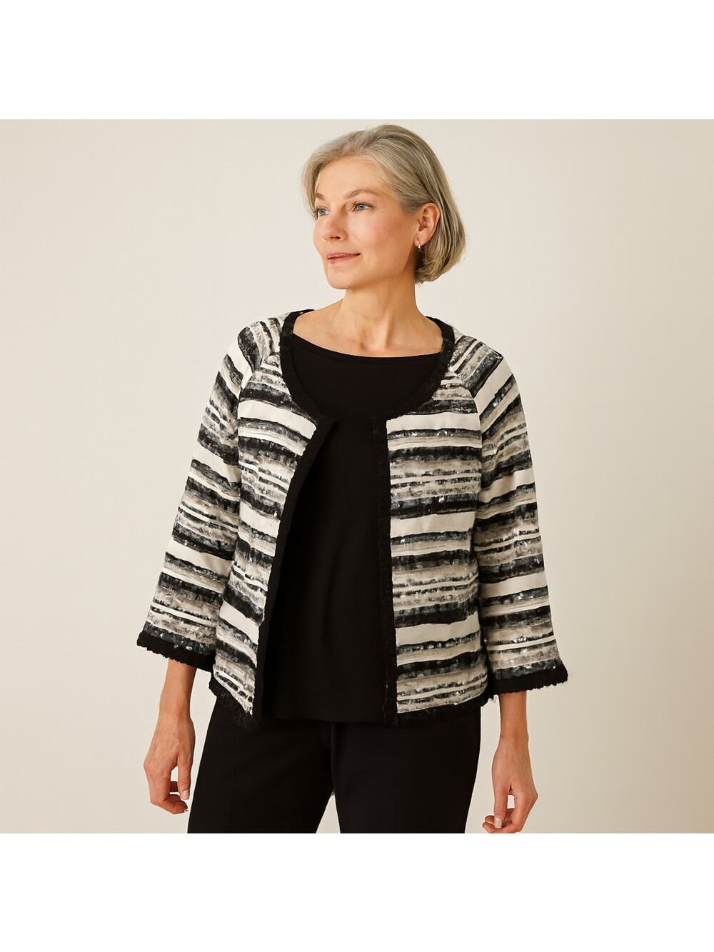 Bob Mackie Studio Textured Jacket Black Tapestry Round Neck Hook Size 8